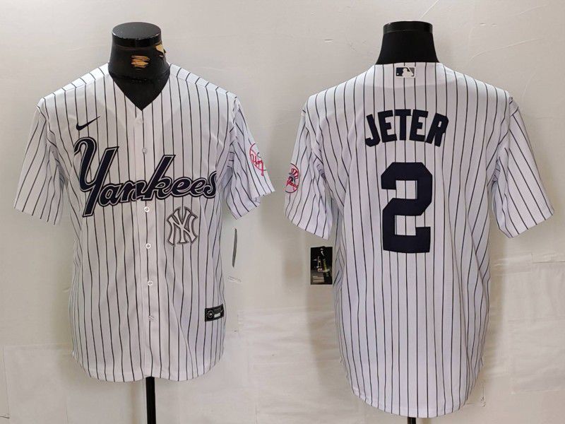 Men New York Yankees #2 Jeter White stripe Three generations of joint names Nike 2024 MLB Jersey style 4